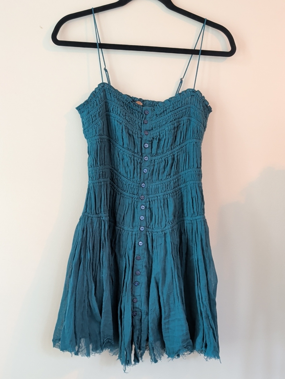 Free People FP OneSmocked Teal Mini Dress with Button-Front Sz XS